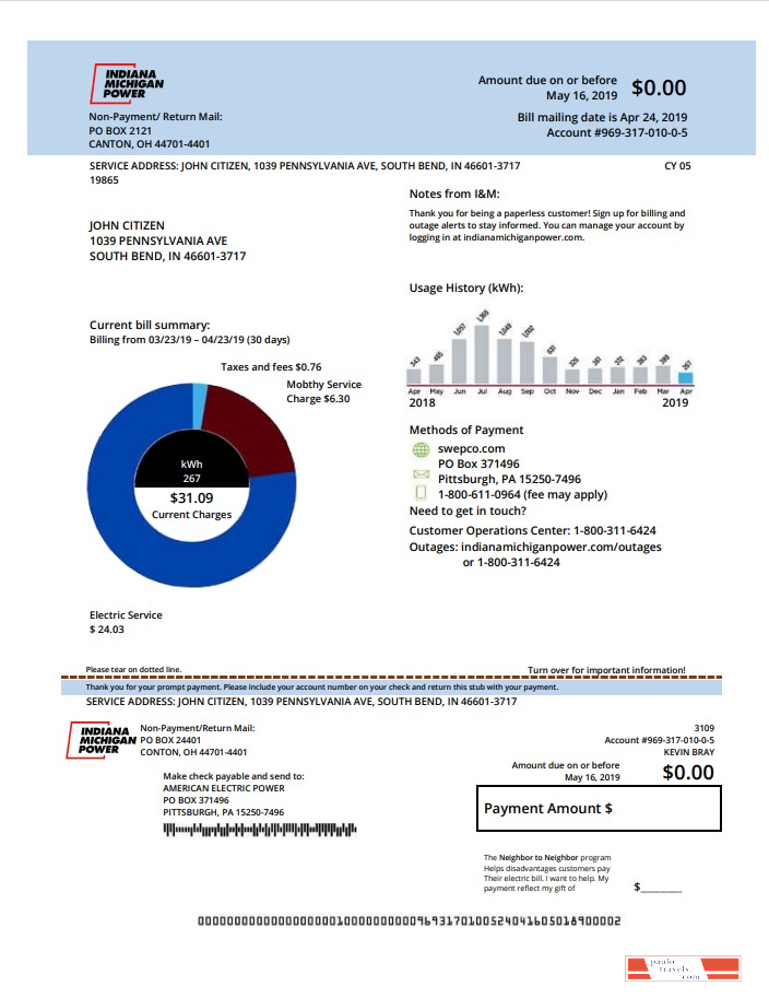 USA Indiana electricity utility bill template in Word and PDF format (.doc and .pdf)